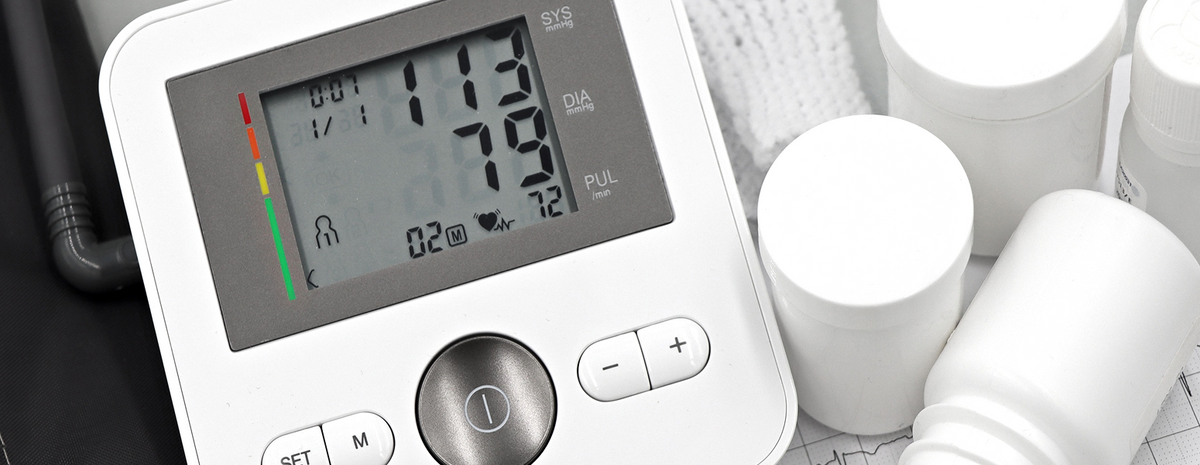 A blood pressure monitor displaying a reading